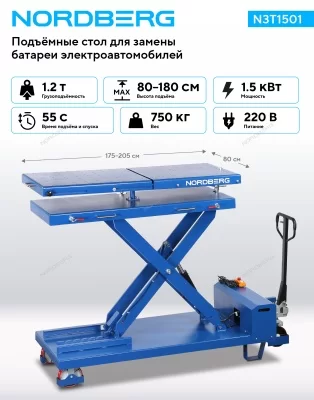 Стол подъемный гидравлический 1200 кг для АКБ электромобиля NORDBERG N3T1501